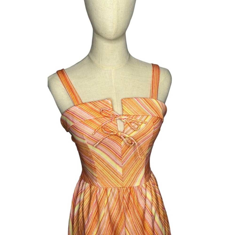 Vintage Handmade Orange Yellow White Pink Stripe Sundress Size XS